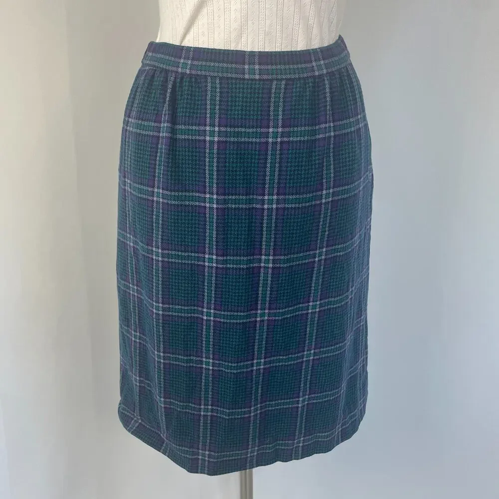 Vintage Pendleton Pencil Skirt Size 12 Blue Purple Tartan Plaid Wool Academia
